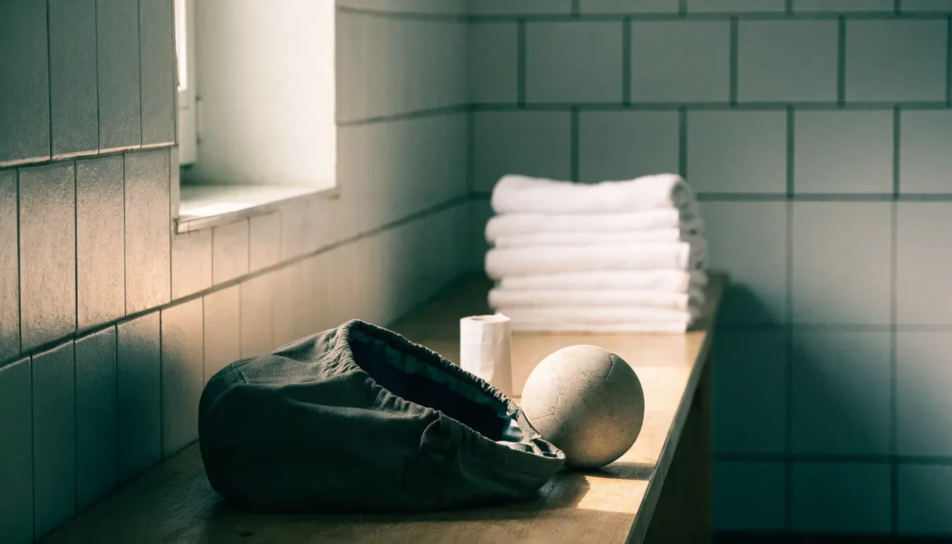 Eine Stofftasche mit Klebeband und zwei Handbällen steht auf einer Bank in einer Umkleide, Licht fällt durch ein kleines Fenster.
