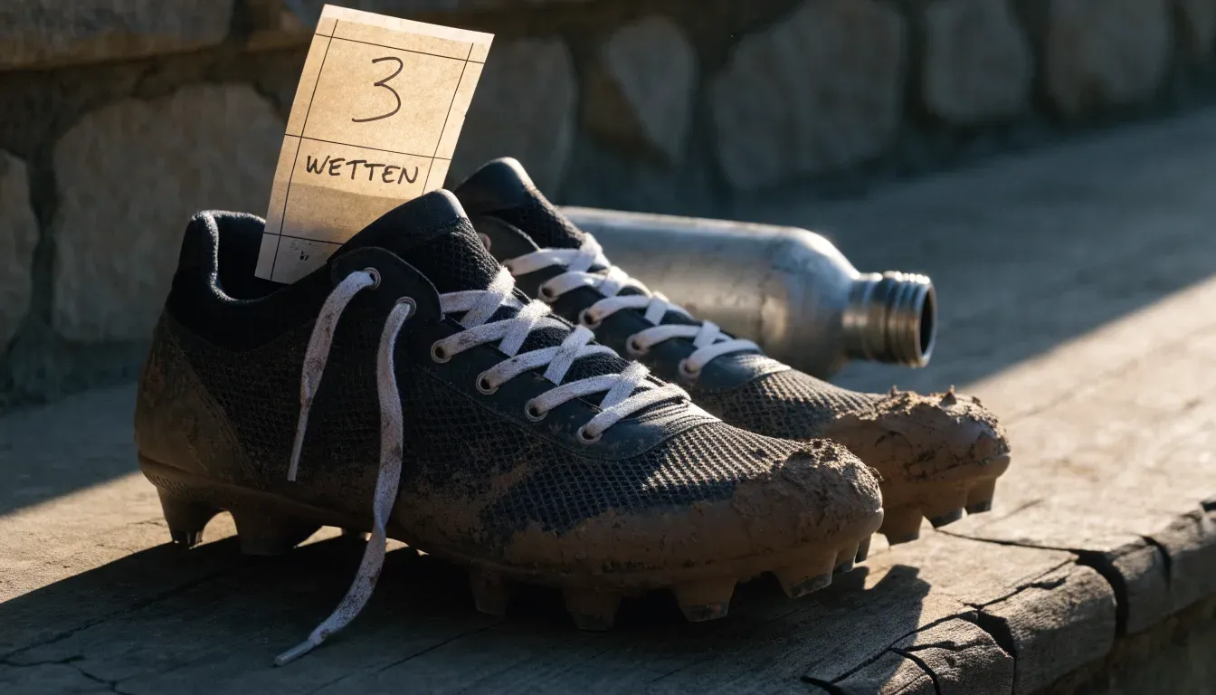 Ein Paar abgetragene Fussballschuhe steht neben einer Wasserflasche auf einer Treppenstufe im Sonnenlicht.