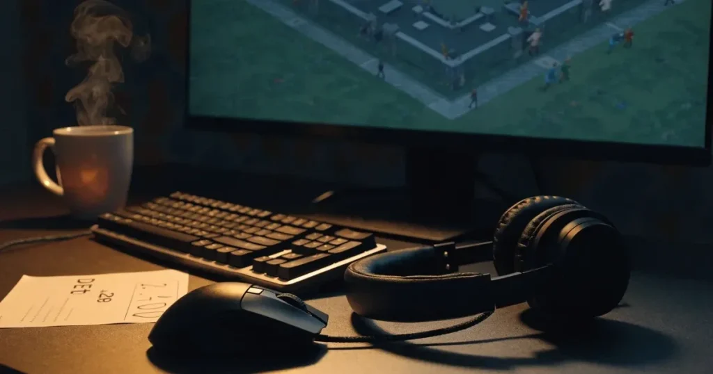 Ein Headset und eine Computermaus liegen auf einem dunklen Schreibtisch, daneben ein Becher mit dampfendem Tee.
