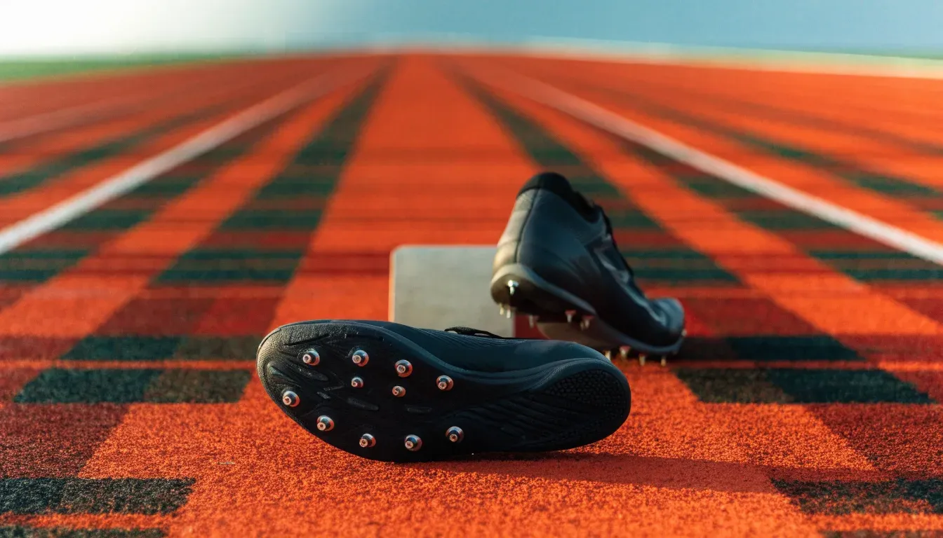 Ein Paar Laufschuhe mit Spikes liegt auf einer Tartanbahn neben einem Startblock, die Linien verlaufen in die Ferne.