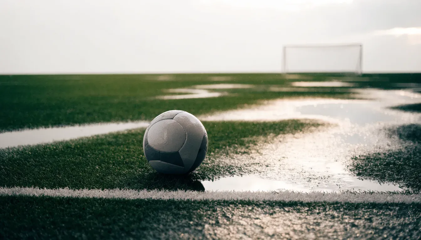 Ein Fussball liegt auf nassem Kunstrasen neben einer weissen Linie, Pfützen spiegeln den Himmel.