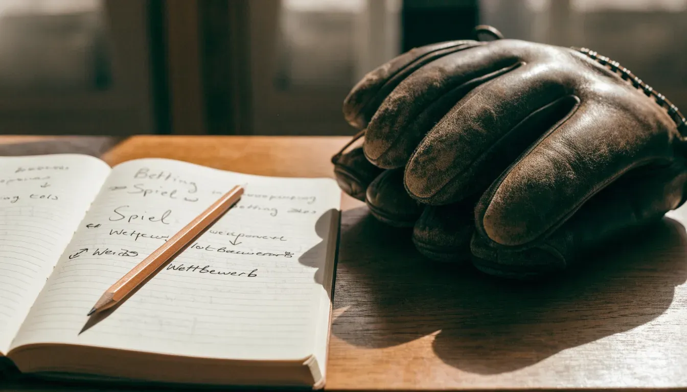 Ein aufgeschlagenes Notizbuch mit handgeschriebenen Notizen und ein Bleistift liegen auf einem Holztisch neben einem abgegriffenen Baseballhandschuh.