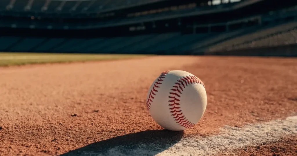 Ein weisser Baseball liegt auf rotbraunem Sand neben der Grundlinie eines leeren Stadions im warmen Abendlicht, die Ränge sind verlassen.
