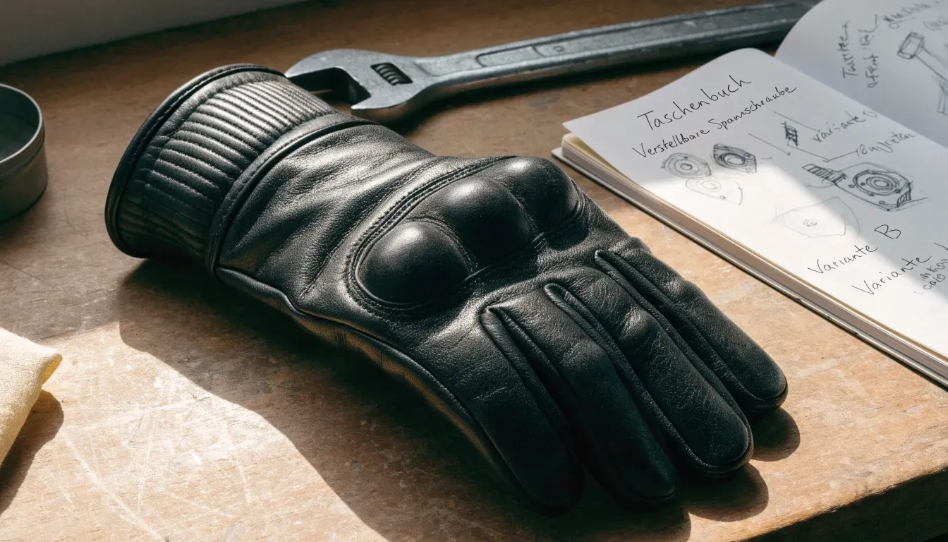 Ein Motorradhandschuh aus Leder liegt auf einer Werkbank neben einem Block mit handgezeichneten Skizzen und einem Schraubenschlüssel.