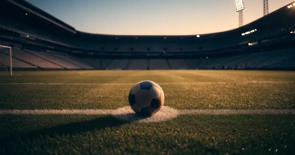 Ein Fussball liegt auf dem Mittelpunkt eines leeren Rasens, im Hintergrund steigen steile Tribünen in der Dämmerung auf.