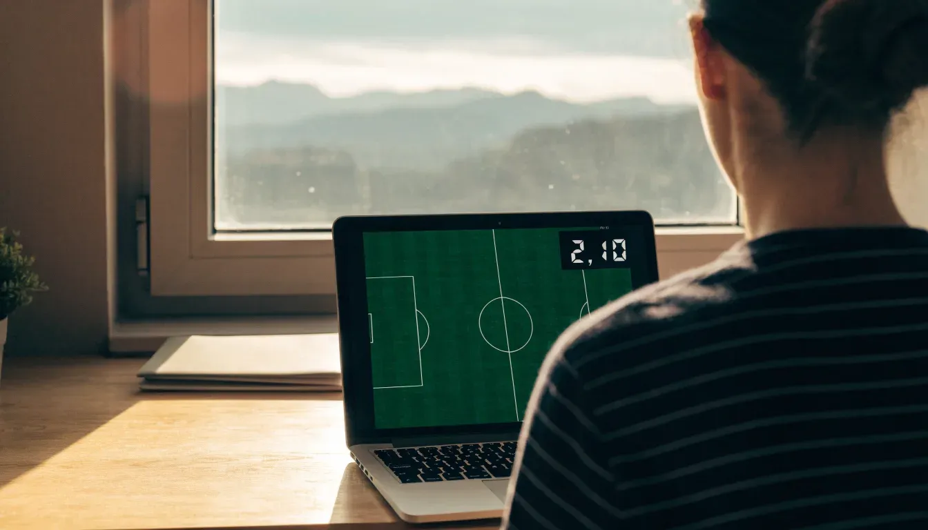 Ein Schreibtisch mit einem geschlossenen Laptop und einer Zimmerpflanze vor einem Fenster mit Blick auf eine Bergkette im Morgenlicht.