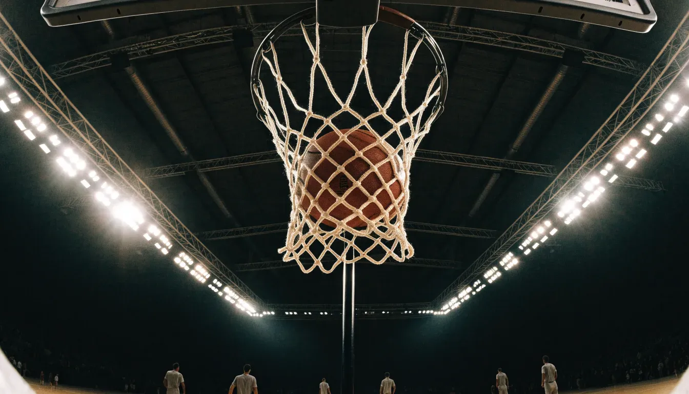 Ein Basketballkorb von unten gesehen, darüber eine Hallendecke mit Scheinwerfern und Stahlträgern.