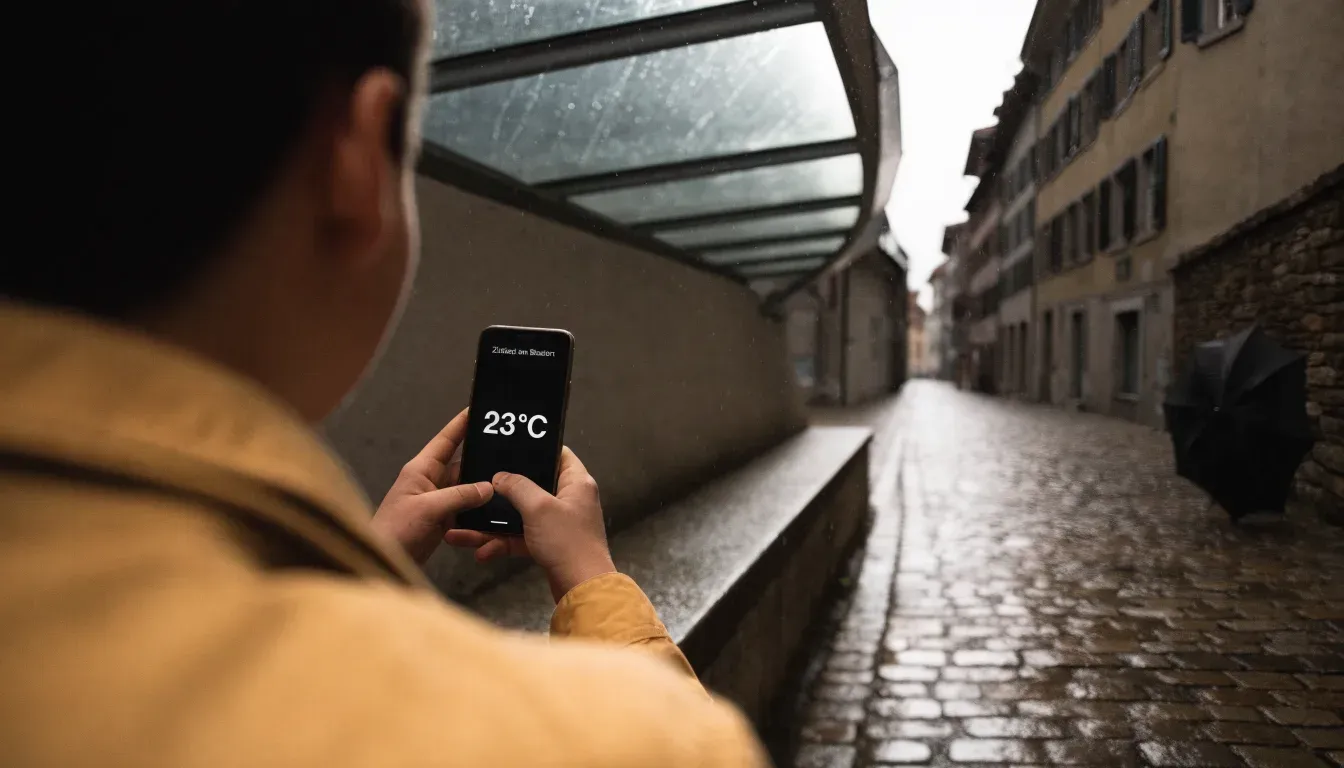 Eine Tramhaltestelle bei Regen in einer Altstadtgasse, das Kopfsteinpflaster glänzt und ein einzelner Regenschirm lehnt an einem Mäuerchen.