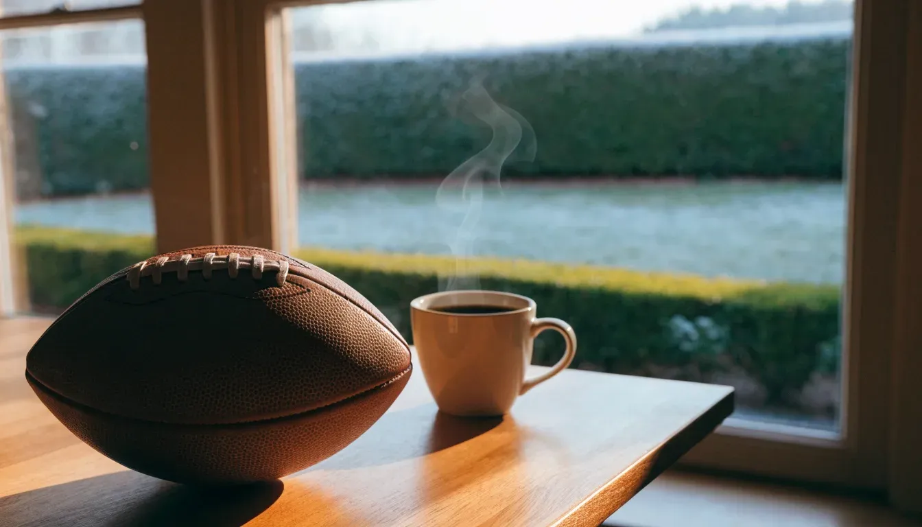 Ein Kaffeebecher und ein Football stehen auf einem Küchentisch am Morgen, durch das Fenster sieht man einen Garten mit Raureif.