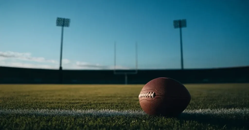 Ein ovaler Football liegt auf frisch gemähtem Rasen neben einer weissen Linie, im Hintergrund stehen leere Flutlichtmasten im Abendlicht.