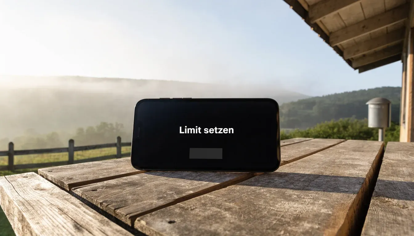 Ein Briefkasten an einem Holzzaun vor einem Bauernhaus in einer Hügellandschaft, auf den Wiesen liegt Frühnebel.