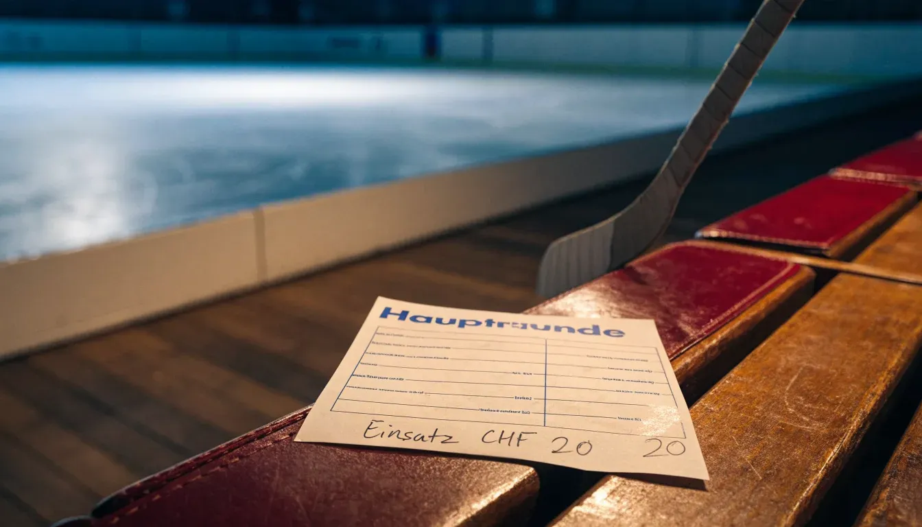 Ein Eishockeyschläger lehnt an der Bande, in der Ferne liegt die hell beleuchtete Eisfläche einer Halle unter Flutlicht.