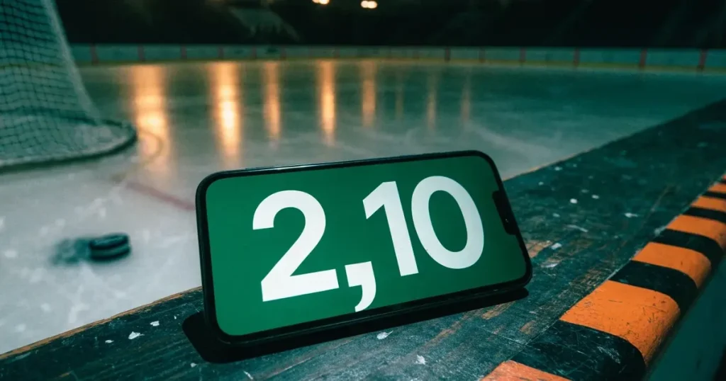 Ein Eishockeypuck liegt auf einer glatten Eisfläche, im Hintergrund erheben sich die dunklen Ränge einer leeren Halle.