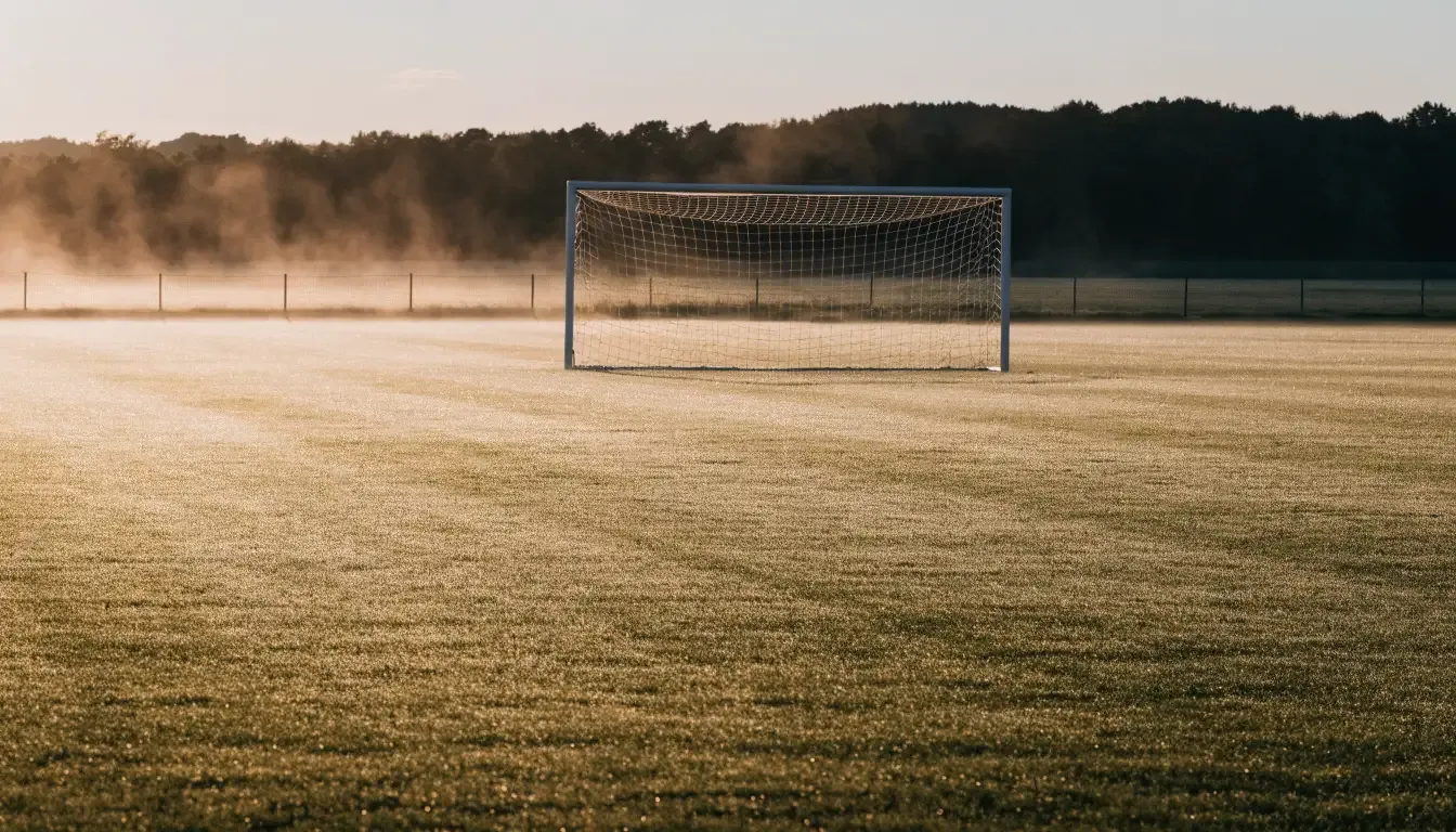 Ein Fussballtor mit Netz in der Totalen auf einem leeren Platz, Tau glänzt im Gras und die Morgensonne steht tief.