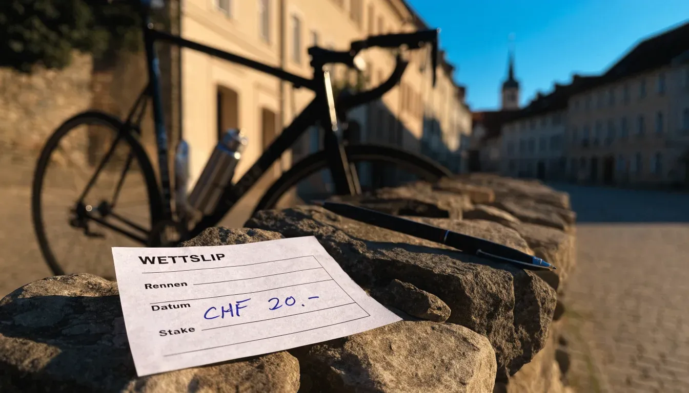 Ein Rennrad lehnt an einer Steinmauer am Rand eines Dorfplatzes, daneben eine Trinkflasche im ersten Sonnenlicht.