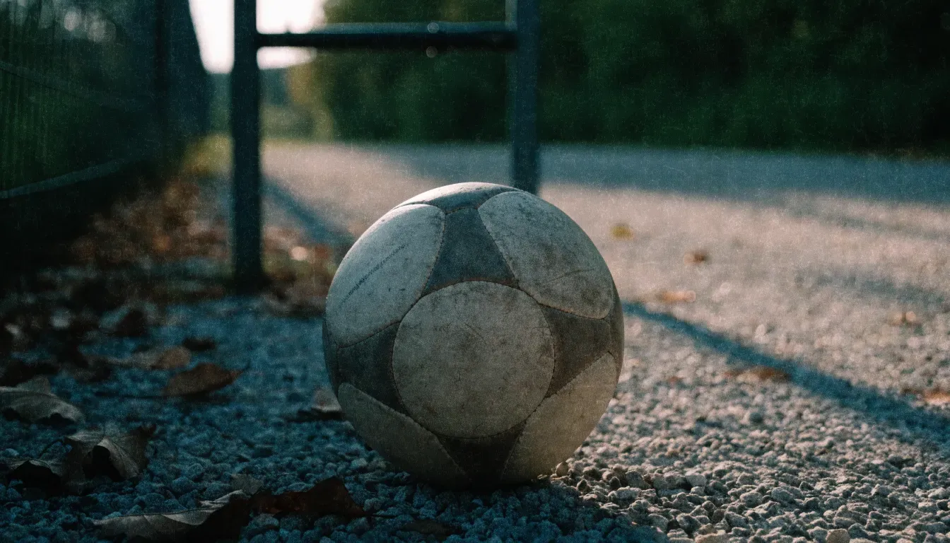 Ein abgenutzter Fussball liegt auf einem Kiesweg neben dem Eingang eines Vereinsplatzes, Laub liegt auf dem Boden.