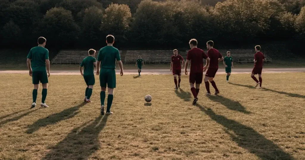 Ein kleiner Fussballplatz mit einfacher Holztribüne und Rasenstreifen am Rand einer Ortschaft, im Hintergrund ein bewaldeter Hügel im Abendlicht.