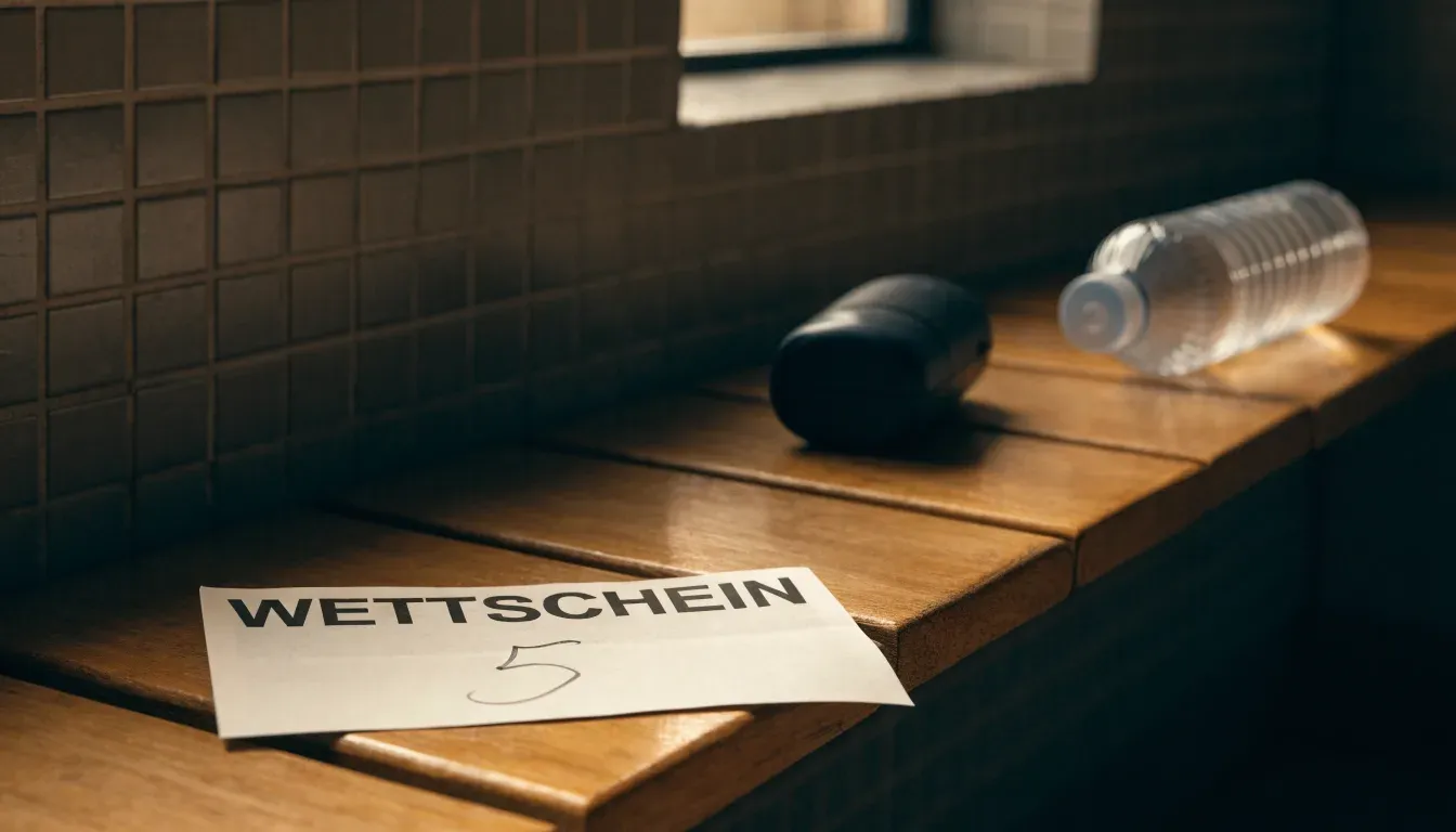 Ein Mundschutz liegt auf einer Holzbank neben einer Trinkflasche in einer schlichten Kabine, durch das Fenster fällt Morgenlicht.