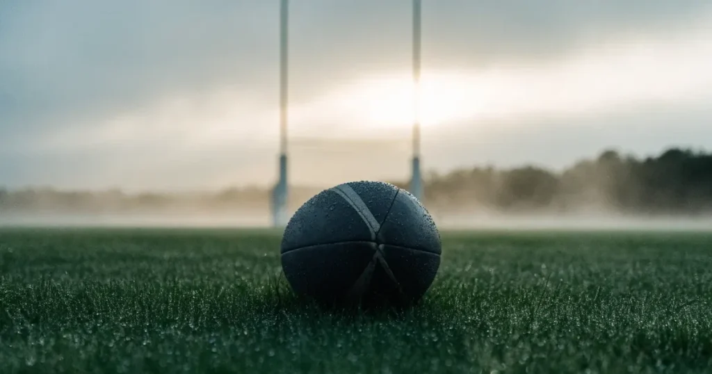 Ein ovaler Rugbyball liegt auf feuchtem Rasen vor zwei hohen Torstangen, hinter dem Spielfeld steigen Nebelschwaden auf.