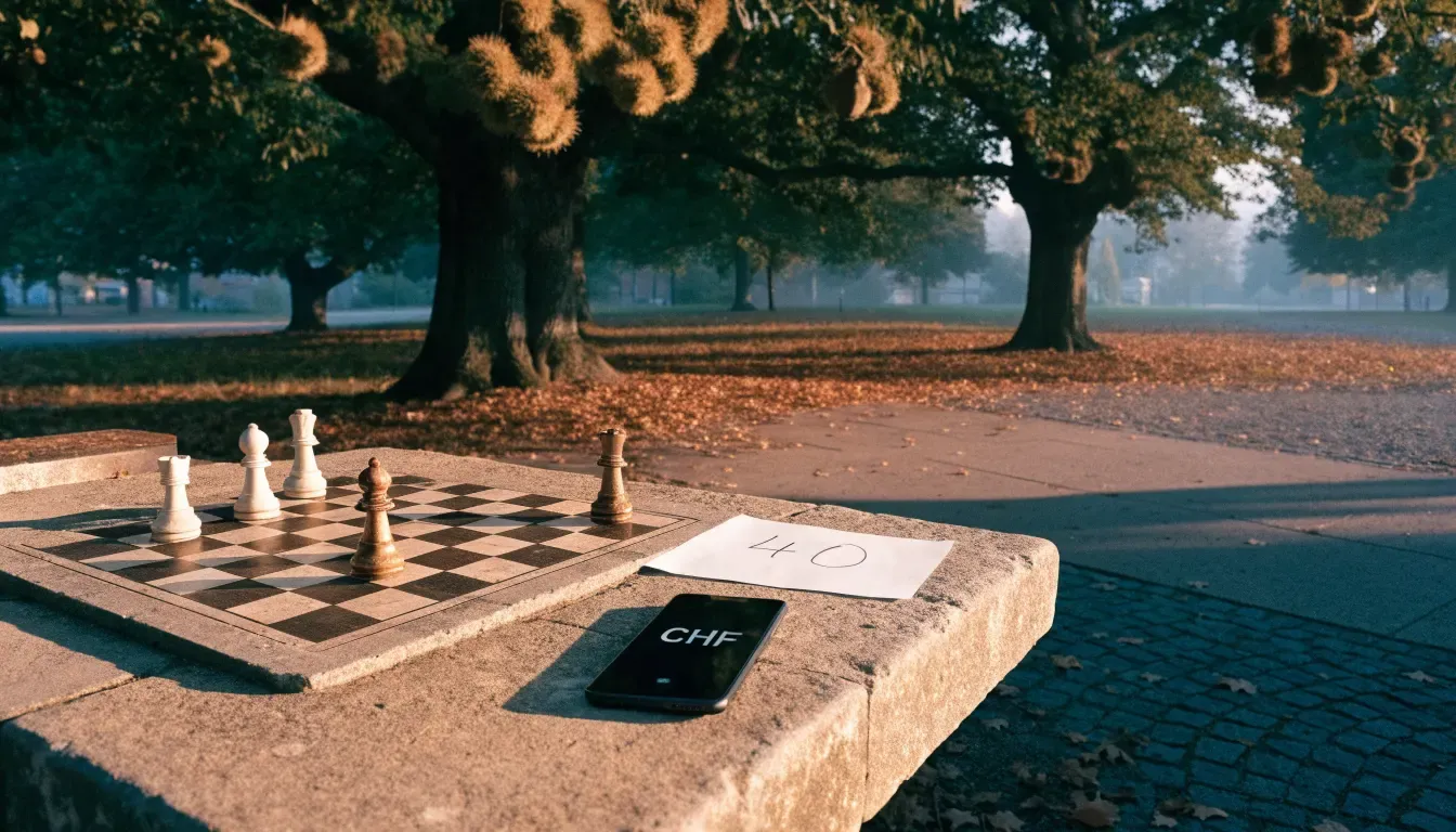 Ein Parkbank-Tisch mit eingelassenem Spielfeld unter alten Kastanien, auf den Wegen liegt Laub und die Sonne steht tief.