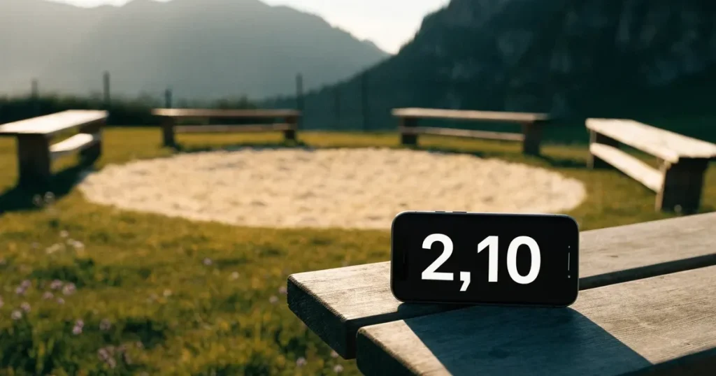 Ein kreisrunder Sägemehlring auf einer Wiese in den Voralpen, leere Holzbänke ringsum, im Hintergrund Berge im Morgenlicht.
