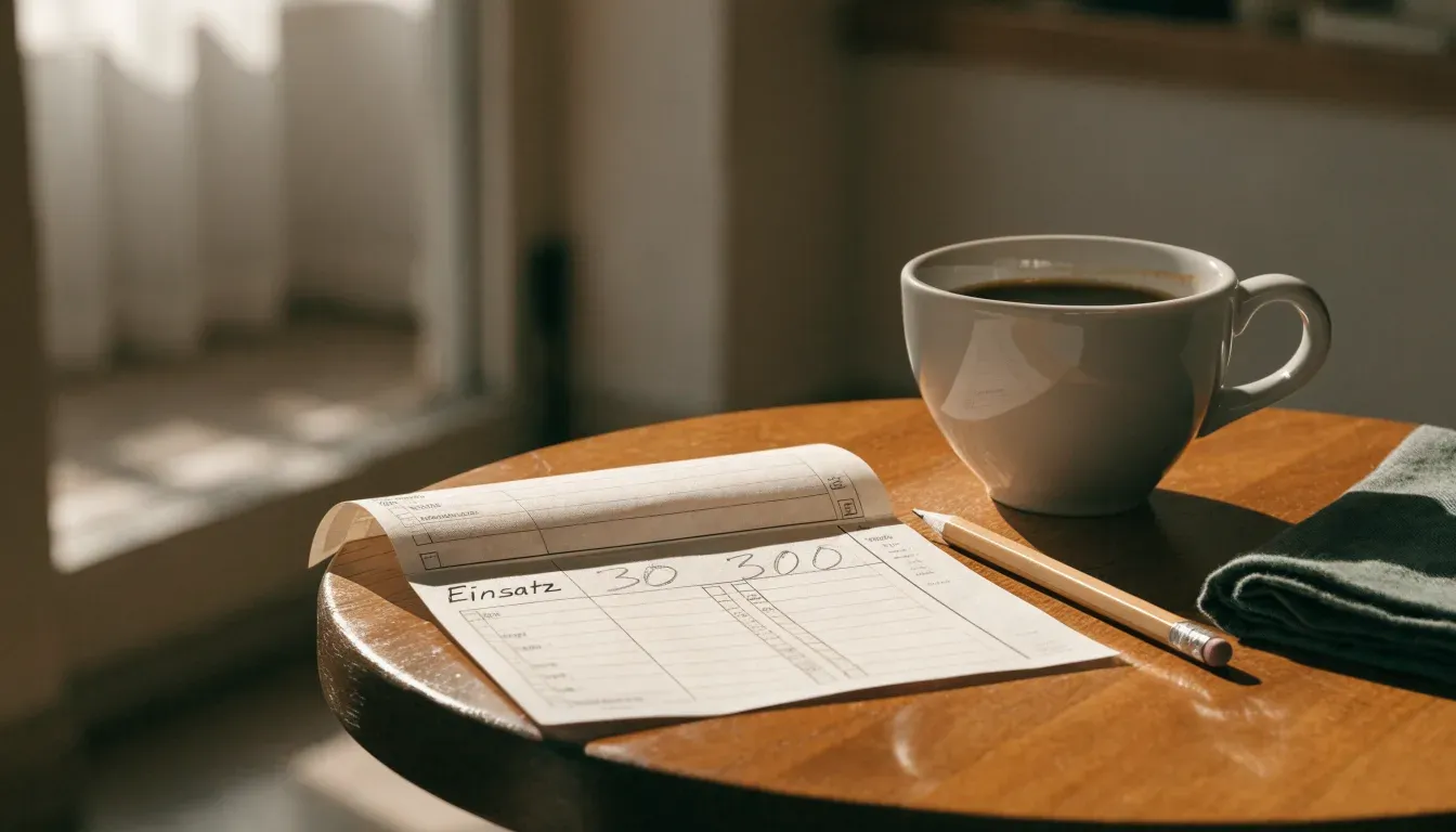 Eine Espressotasse und ein Bleistift liegen auf einem Caféhaustisch neben einer gefalteten Stoffserviette im Licht der Morgensonne.