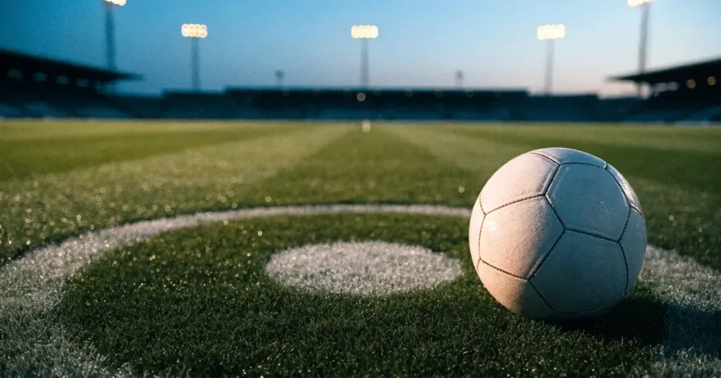 Ein Fussball liegt auf dem Anstosspunkt eines leeren Rasenplatzes in der Abenddämmerung, dahinter leuchten Flutlichtmasten über einer Tribüne.