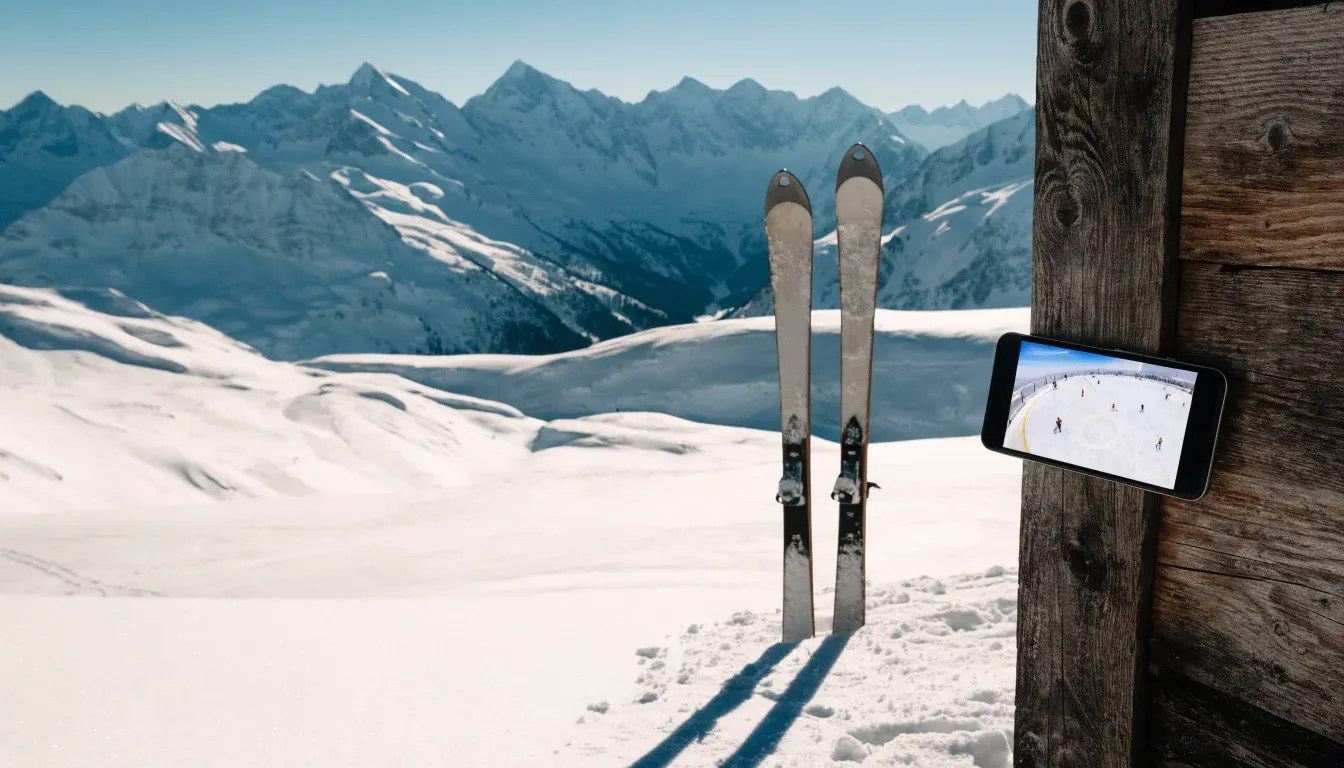 Zwei Skier stecken aufrecht im Schnee neben einer Holzhütte, dahinter ein weites Alpenpanorama bei klarem Himmel.