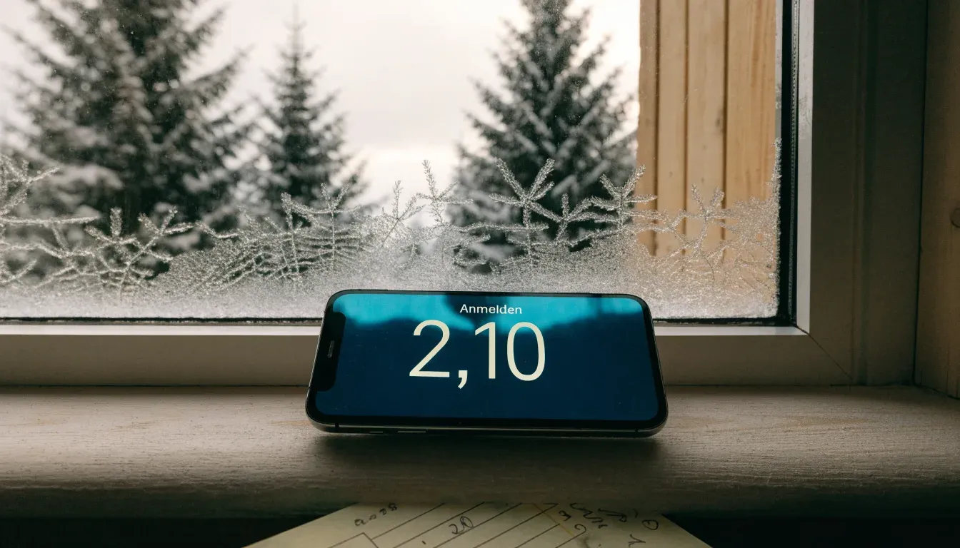 Ein vereistes Fenster einer Berghütte mit Blick auf verschneite Tannen im blassen Winterlicht.