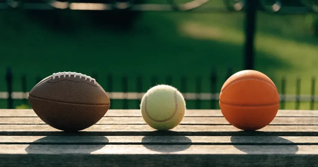 Drei Sportbälle, ein Fussball, ein Tennisball und ein Basketball, liegen nebeneinander auf einer Holzbank.