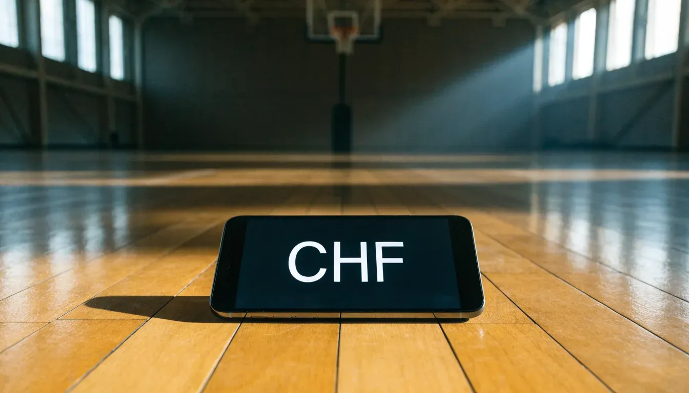 Ein Basketballkorb hängt in einer leeren Turnhalle, durch hohe Fenster fällt Licht auf das Holzparkett.