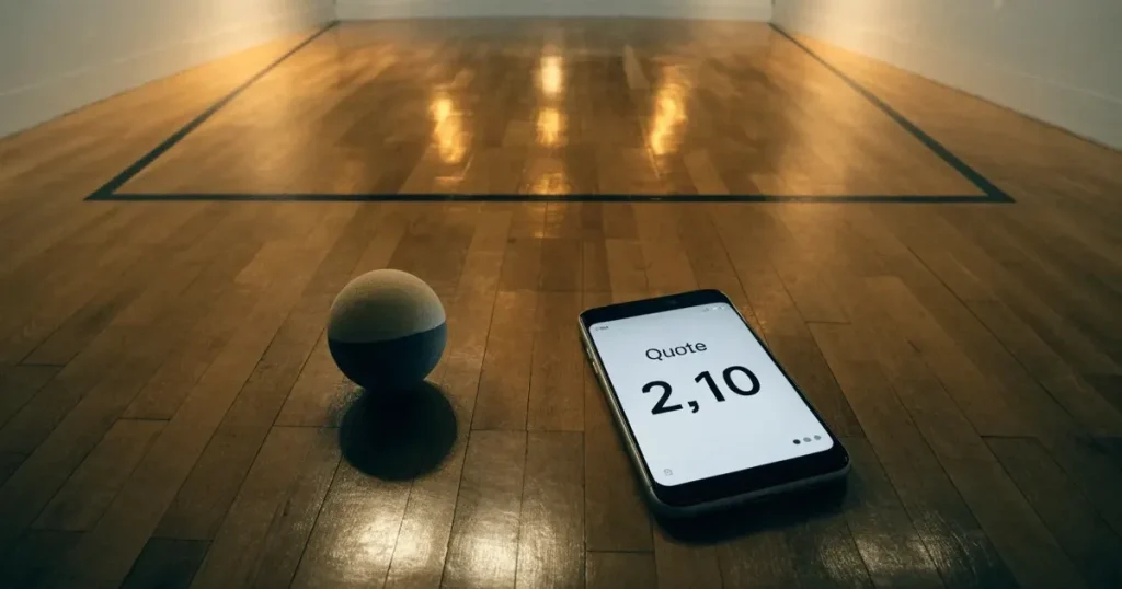 Ein leerer Squashcourt mit weissen Wänden und hellem Holzboden, ein Ball liegt in der Mitte, Deckenlicht spiegelt sich im Parkett.