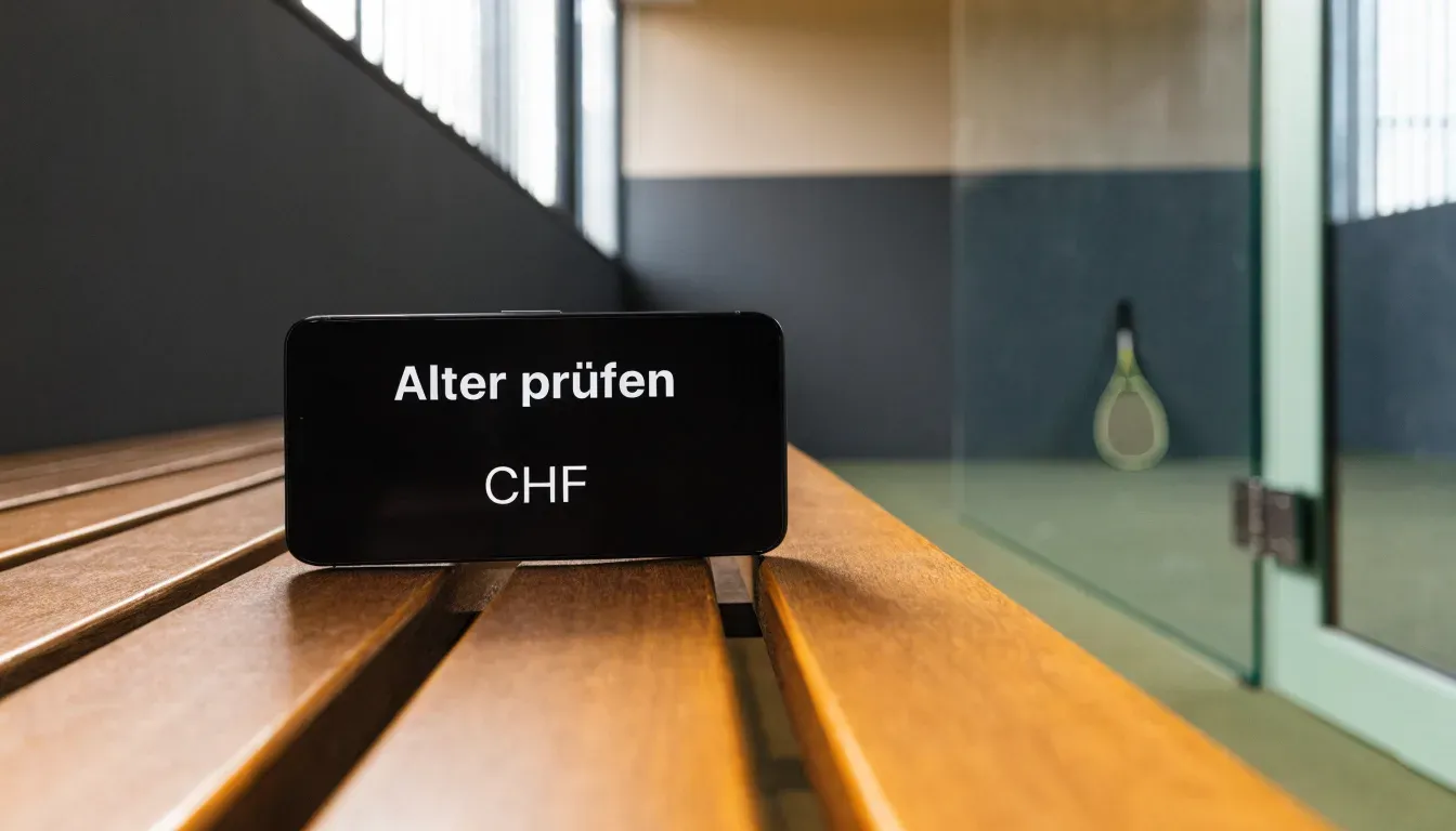 Ein Squashschläger lehnt an der Glaswand eines leeren Courts, draussen fällt Tageslicht in den Gang.