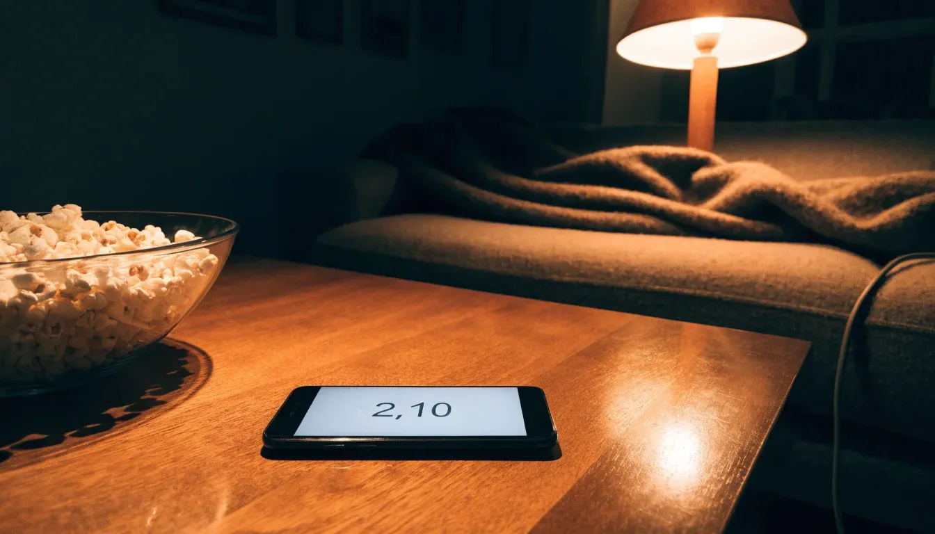 Ein Sofa mit Wolldecke und eine Schale Popcorn auf dem Couchtisch in einem Wohnzimmer bei Lampenlicht am späten Abend.