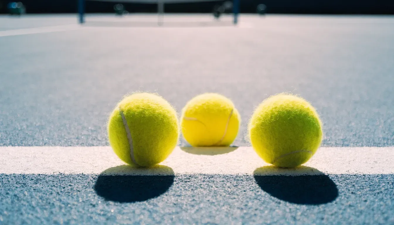 Zwei Tennisbälle liegen auf der weissen Grundlinie eines Hartplatzes im grellen Sonnenlicht.