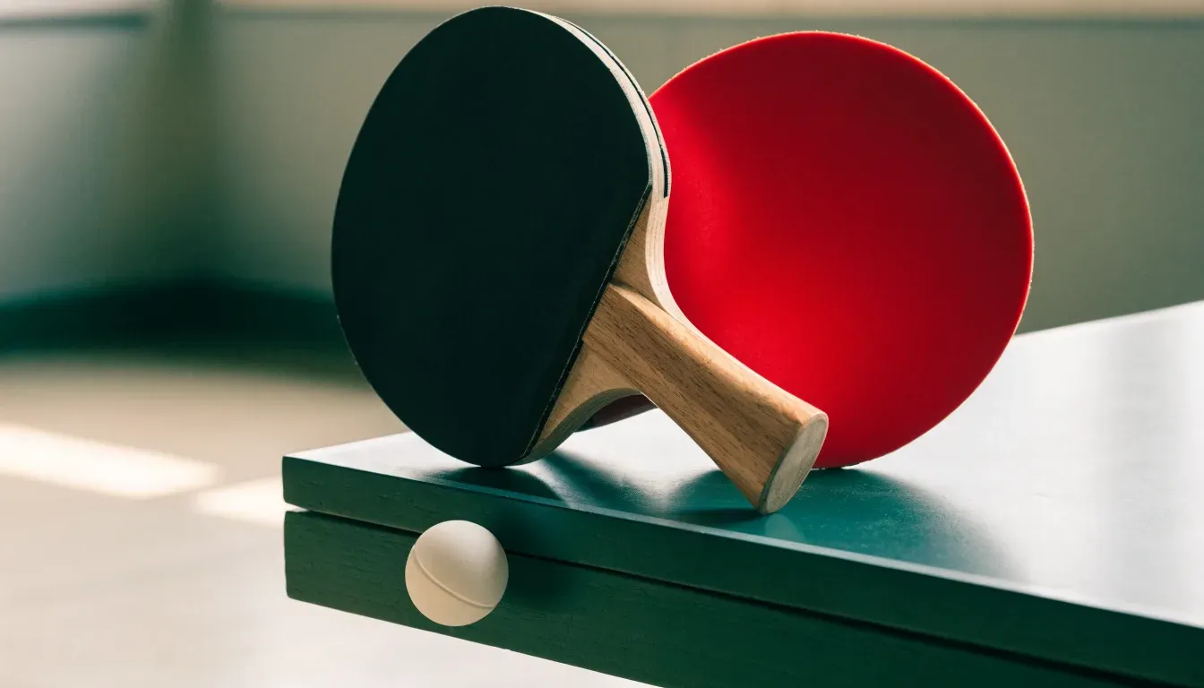 Zwei Tischtennisschläger liegen gekreuzt am Rand einer Platte, daneben ein kleiner weisser Ball.