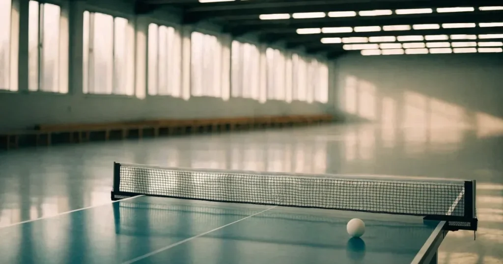 Eine Tischtennisplatte mit Netz in einer leeren Sporthalle, ein heller Ball liegt auf einer Seite, Deckenlicht spiegelt sich im Hallenboden.