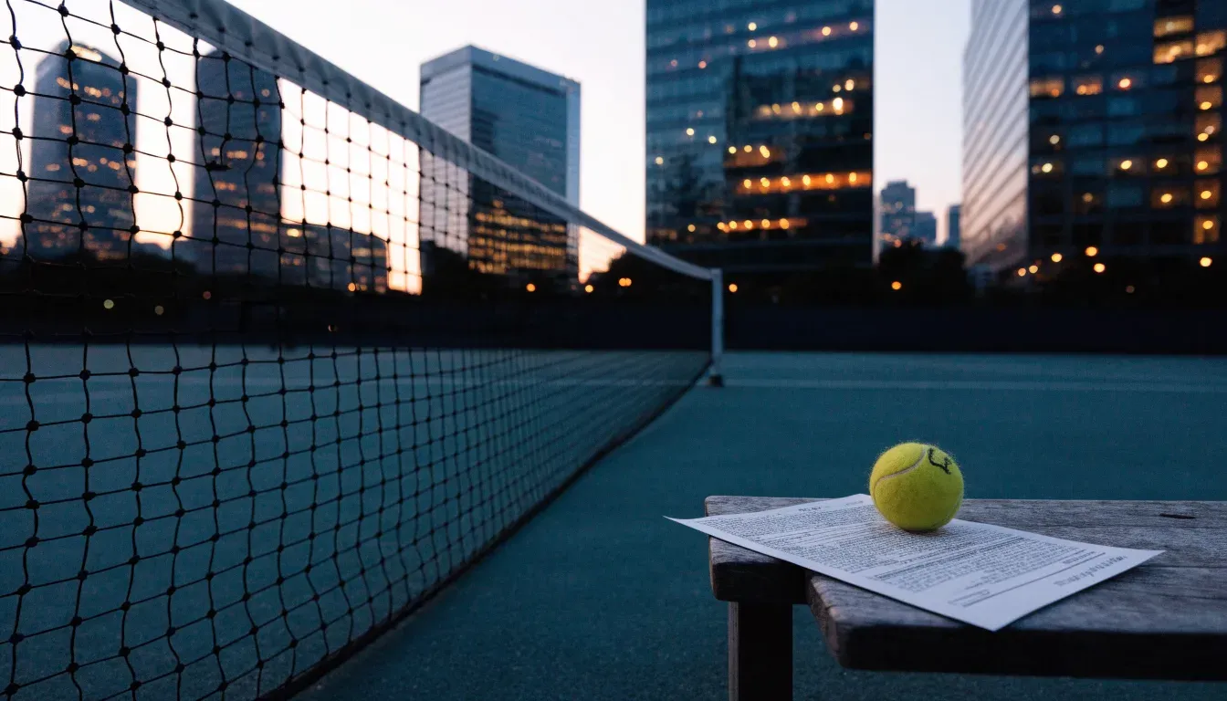 Die Hochhäuser einer Grossstadt in der Dämmerung, gesehen von einem Park, im Vordergrund ein gespanntes Tennisnetz.