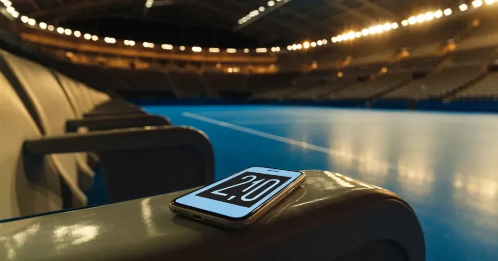 Ein hohes Tennisstadion mit geschlossenem Dach, von innen beleuchtet, leere Sitzreihen umschliessen den blauen Hartplatz.