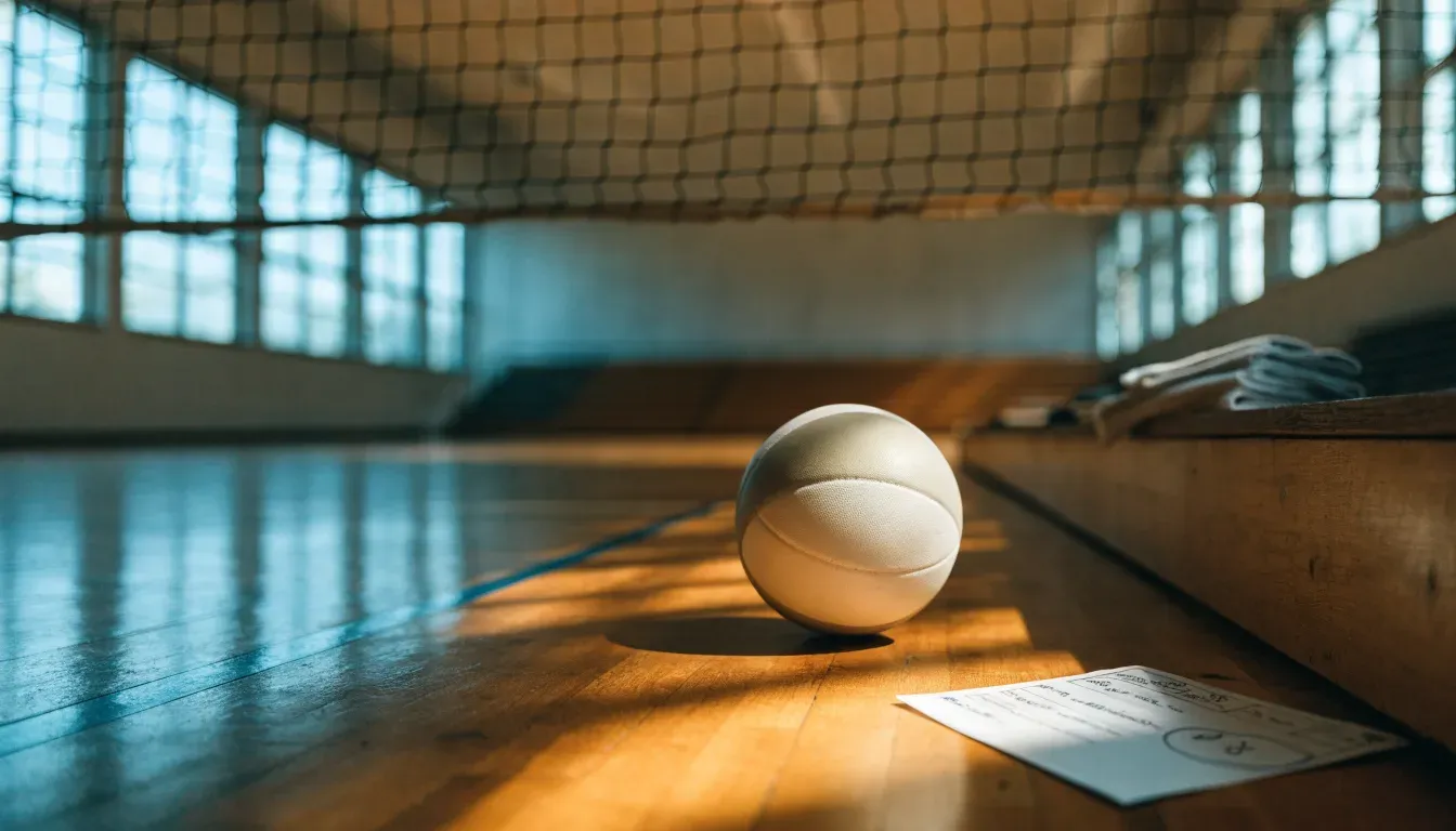 Eine Sporthalle mit gespanntem Volleyballnetz über poliertem Holzboden, hohe Fenster lassen Tageslicht herein.