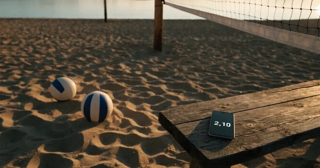 Ein Volleyball liegt im Sand eines Beachplatzes, zwischen zwei Pfosten ist ein Netz gespannt, tiefe Abendsonne wirft lange Schatten.