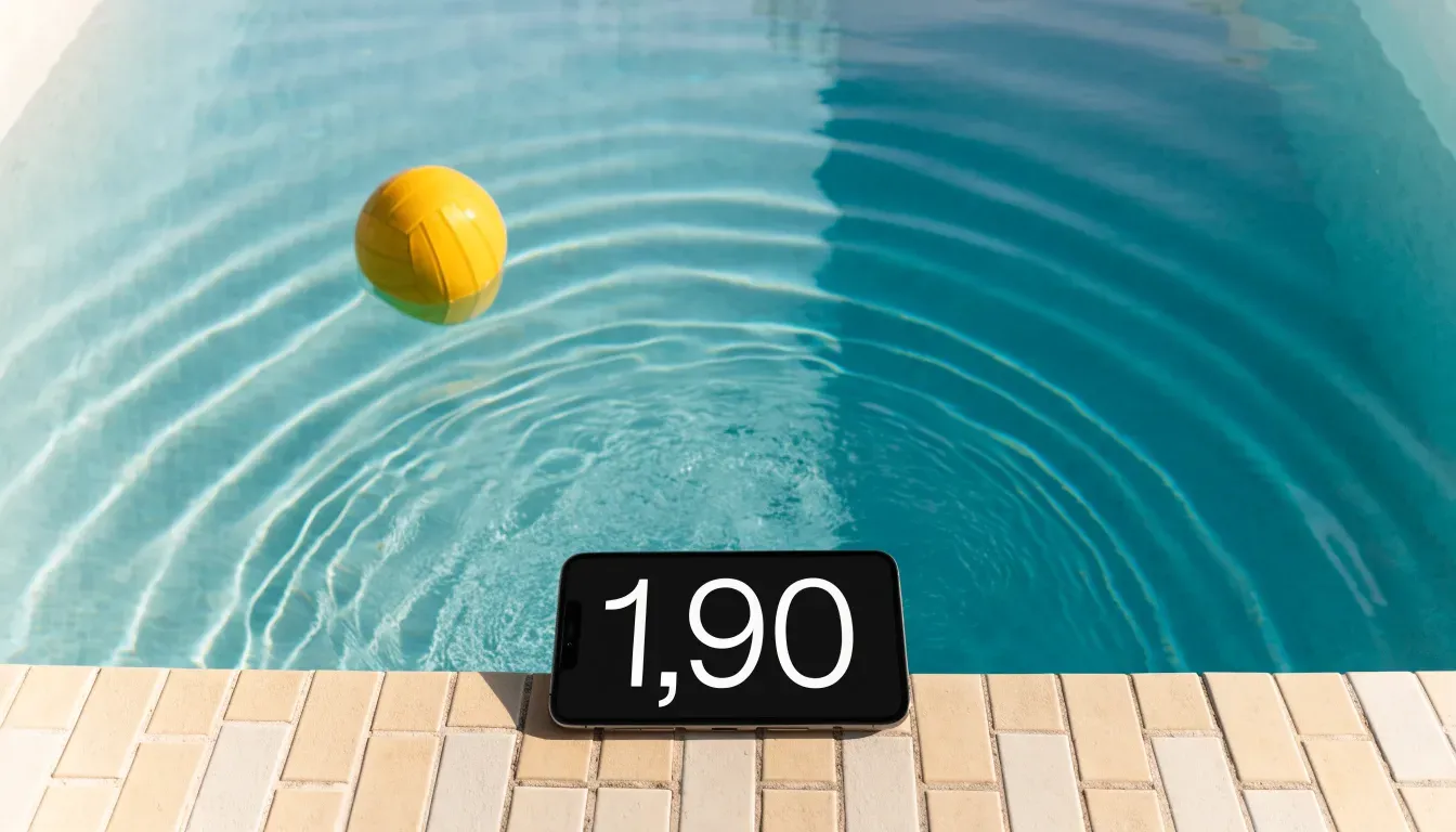 Ein gelber Ball treibt auf ruhigem türkisfarbenem Beckenwasser, feine Wellen im weichen Licht.