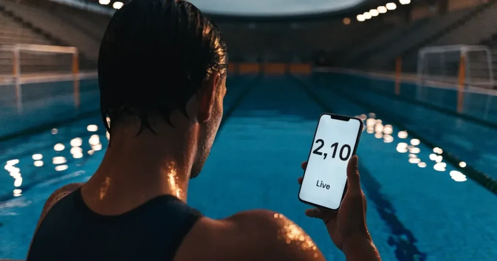 Ein Wasserballbecken am Abend mit zwei schwimmenden Torrahmen an den Enden, ruhiges blaues Wasser, leere Ränge.