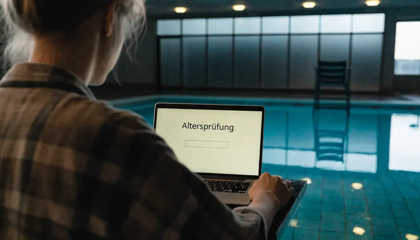 Ein Bademeisterstuhl neben einem Hallenbad zur Schliesszeit, gedimmtes Licht, glatte Wasseroberfläche.