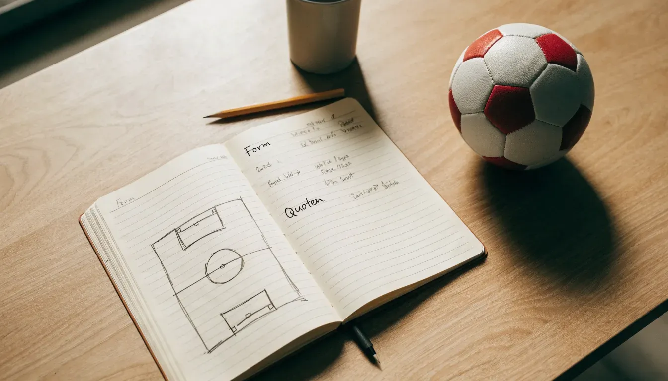 Ein aufgeschlagenes Notizbuch mit Bleistiftskizzen und ein kleiner Fussball liegen auf einem Holztisch im Tageslicht.