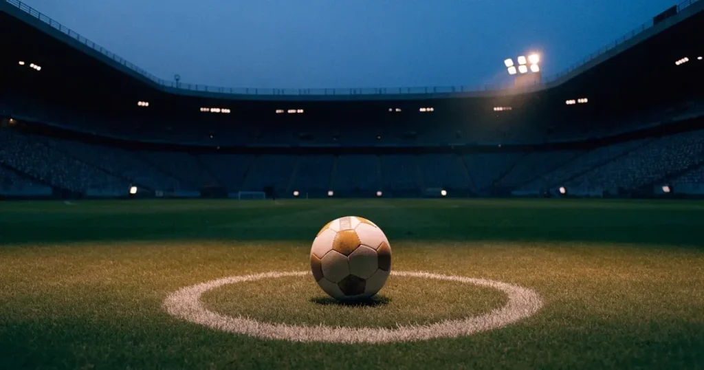 Ein Fussball liegt auf dem Anstosspunkt eines leeren Rasenplatzes, dahinter ragen die Ränge eines grossen Stadions in der Abenddämmerung auf.