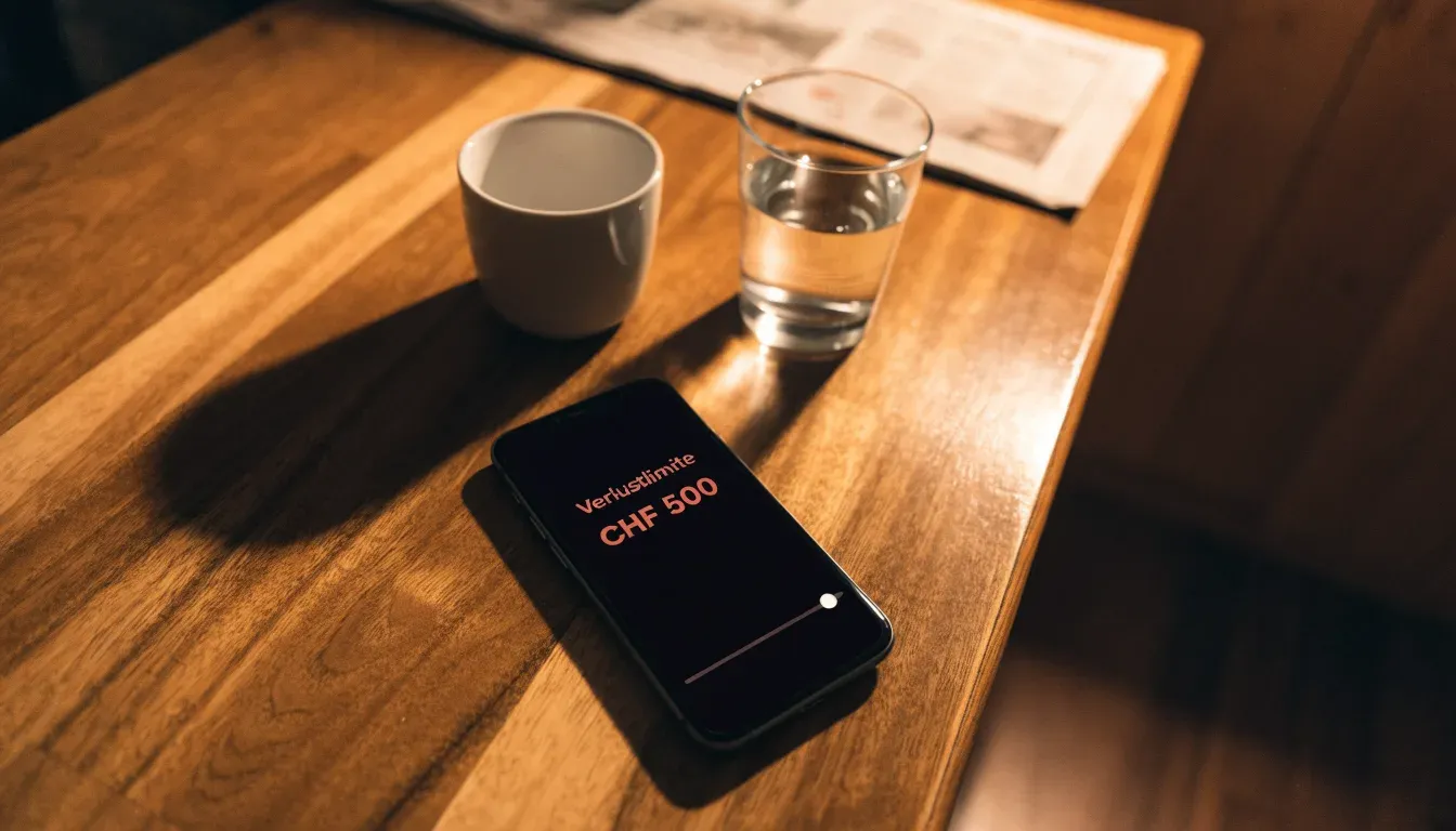Ein Smartphone mit dunklem Display liegt neben einer Kaffeetasse und einem Glas Wasser auf einem Holztisch im Licht einer Lampe.