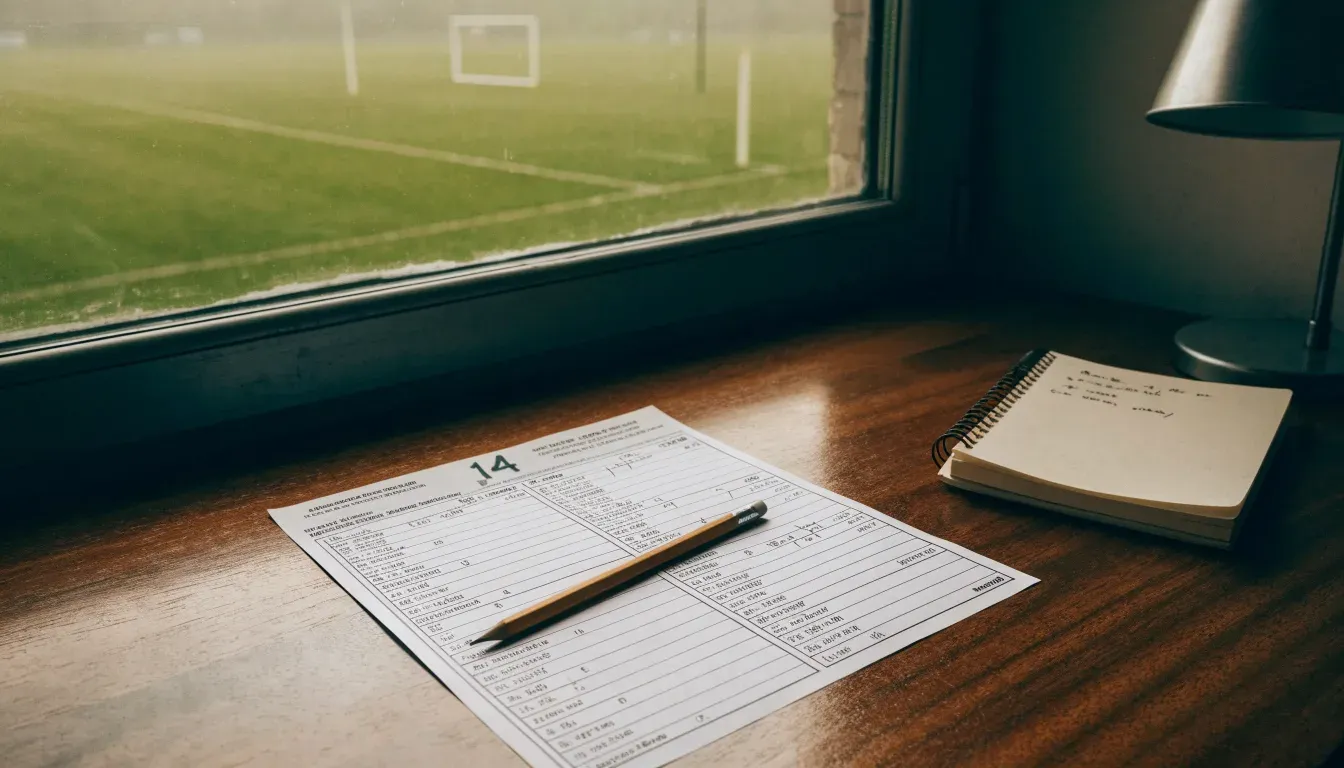 Ein Schreibtisch am Fenster mit Schreibtischlampe, Bleistift und leerem Block, draussen liegt ein Fussballplatz im Dunst.
