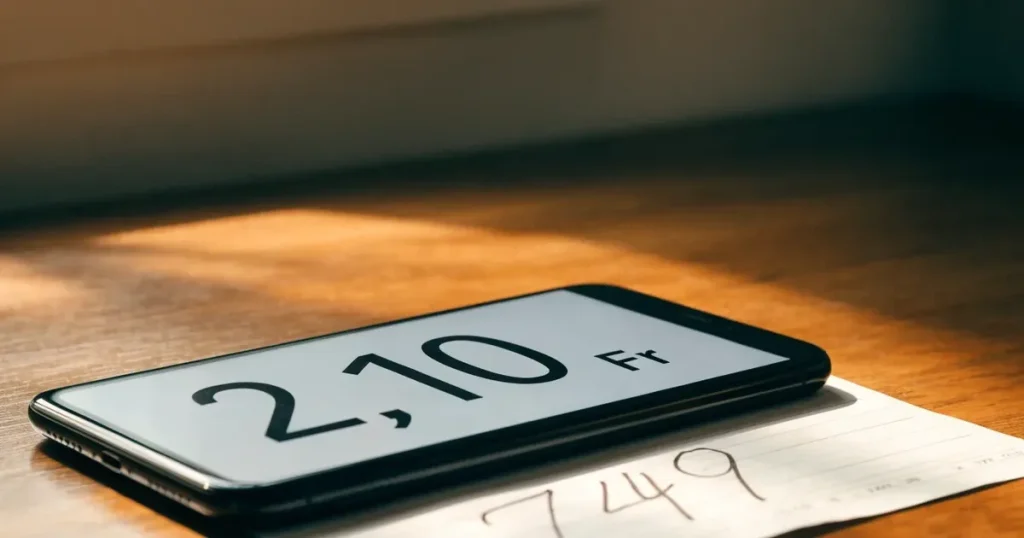 Ein kleines Geschenk mit Schleife steht auf einem Holztisch neben einem Smartphone mit dunklem Display im Seitenlicht.