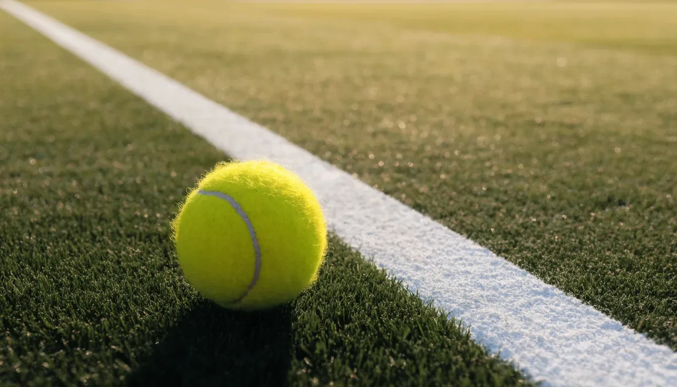 Ein gelber Tennisball liegt im Gras neben der weissen Grundlinie, Tau glitzert auf den Halmen im flachen Sonnenlicht.
